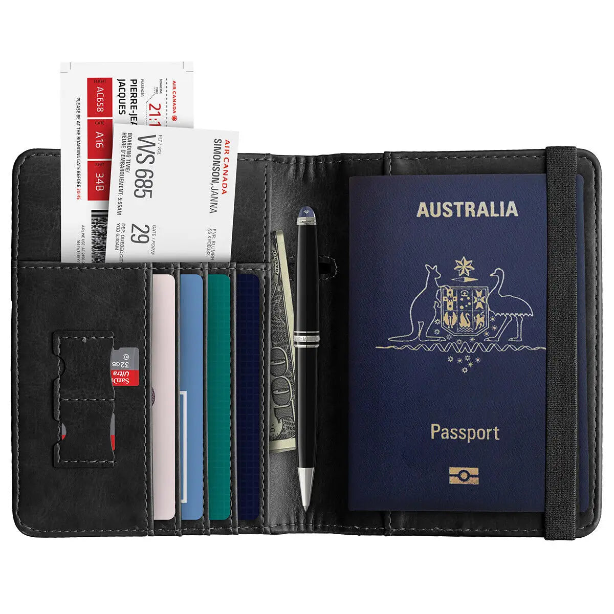 Black RFID travel wallet with boarding pass, cash, credit cards, pen, sim cards & passport