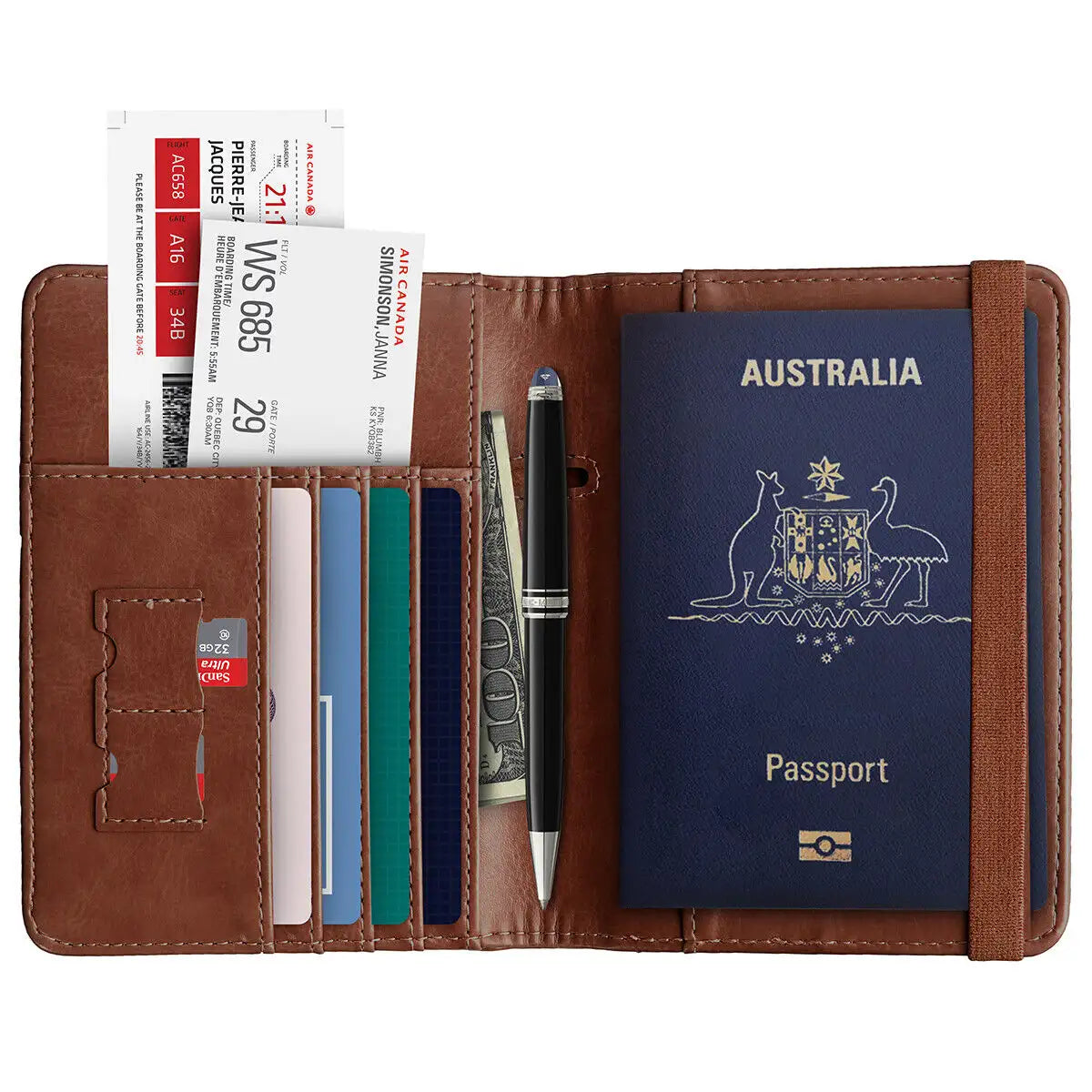 Brown RFID travel wallet with boarding pass, cash, credit cards, pen, sim cards & passport