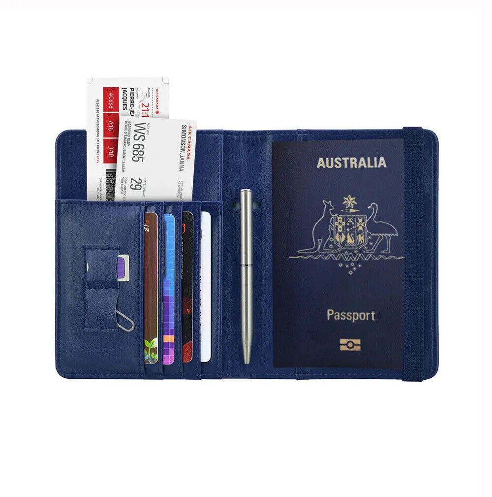 Navy RFID travel wallet with boarding pass, cash, credit cards, pen, sim cards & passport