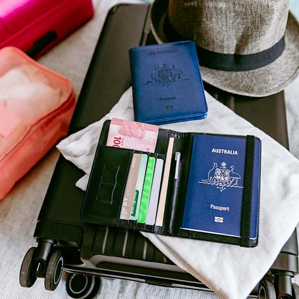 Black & Navy RFID travel wallets on top of suitcase