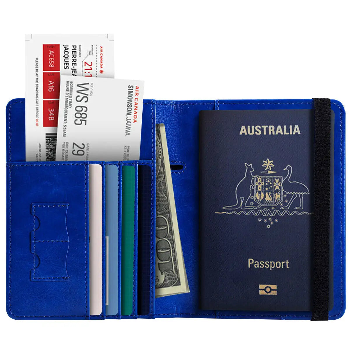 Blue RFID travel wallet with boarding pass, cash, credit cards & passport