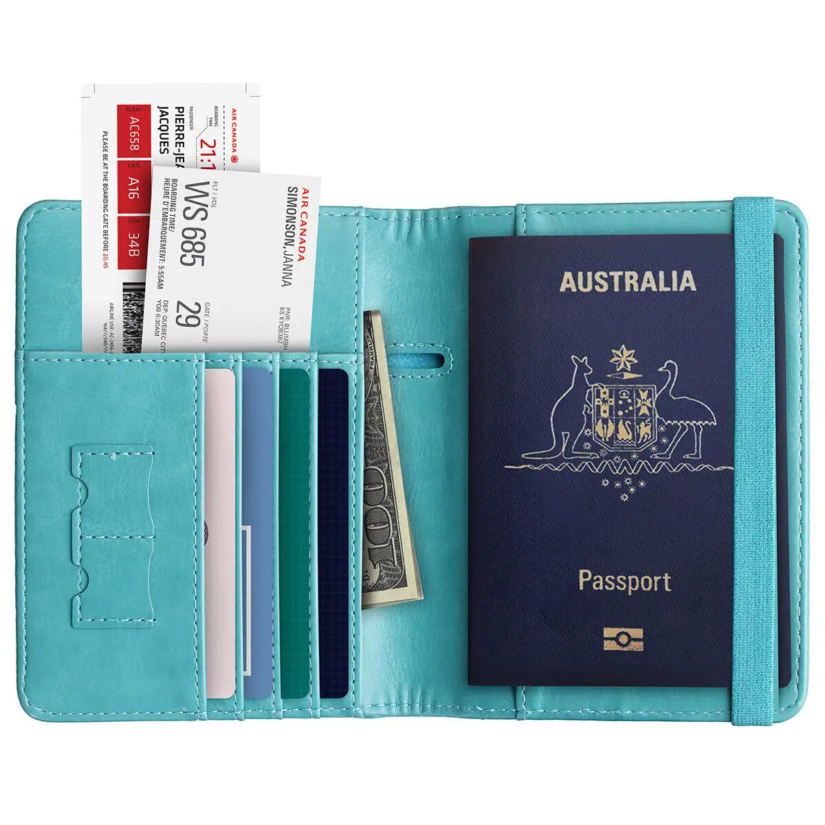Tiffany blue RFID passport wallet with boarding pass, cash & passport