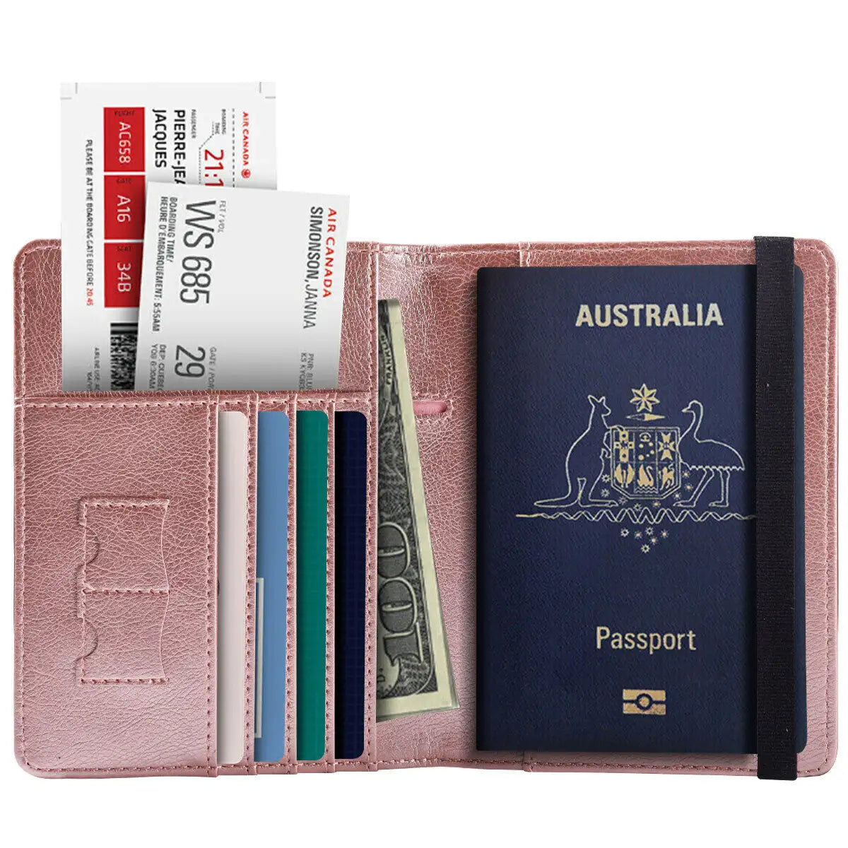 Rose Gold/Pink RFID travel wallet with boarding pass, cash, credit cards & passport